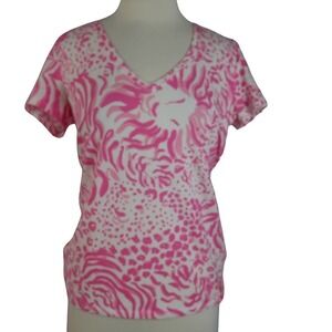 Lilly Pulitzer Michele V Neck Top in Pink & White 'Get Spotted' Size Medium EUC